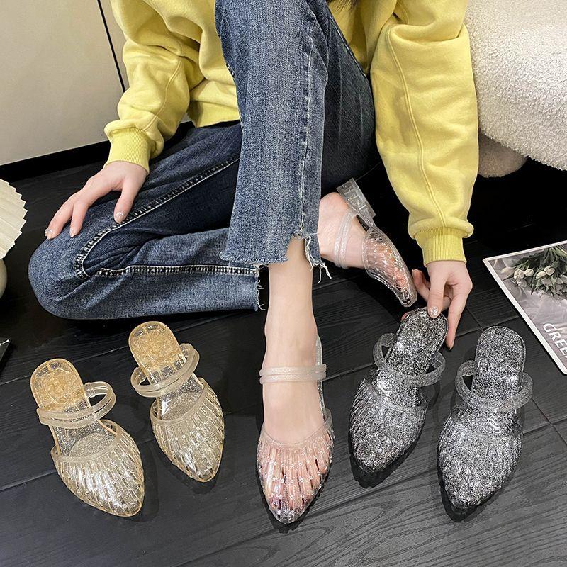 Fashion New Pointed Toe Jelly Sandals Women Chunky Heel Mules Woman Glitter Clear Slip On Hollow Out Low Heel Slides Shoes Lady Sandals