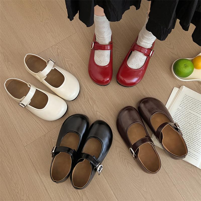 Red French Inner Height Increase Mary Jane Single Shoes Women's 2025 New Summer Versatile Round Head Shallow Mouth Soft Sole Beanie Shoes