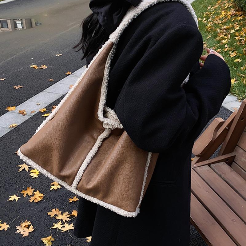 Trendy Brand Designer Lamb Wool Shoulder Bag Bucket Women Handbags And Purse Winter Lady's Leather Underarm Tote Bag