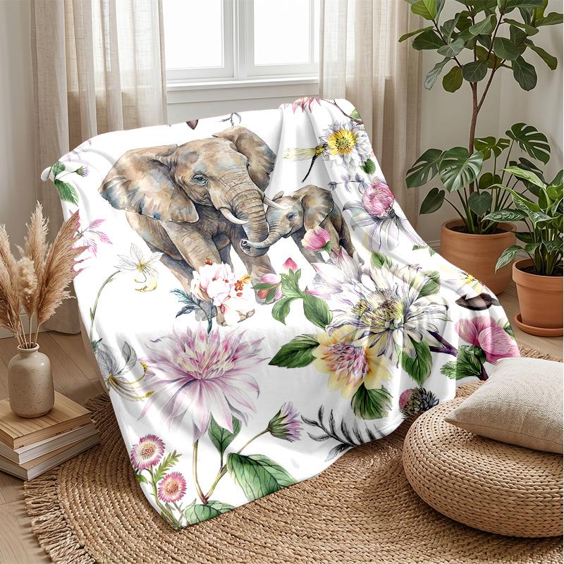 Elephants Among Flowers Theme Blanket Lightweight Warm Flannel Blanket Decorative Throw Blanket for Home Decoration