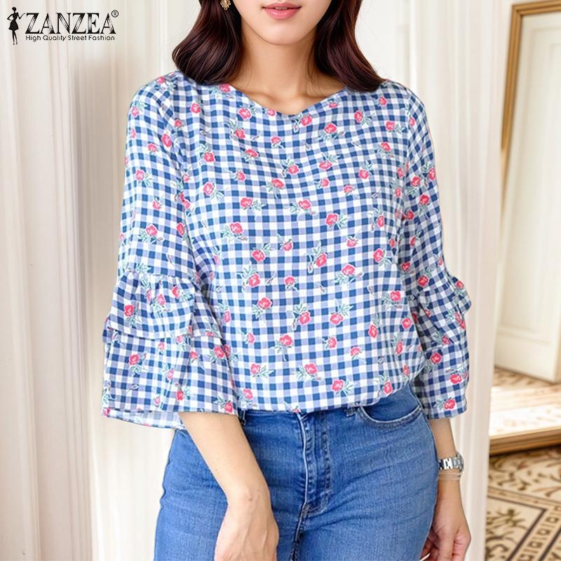 ZANZEA Women Floral Print Casual Round Neck 3/4 Sleeve Loose Plaid Blouse