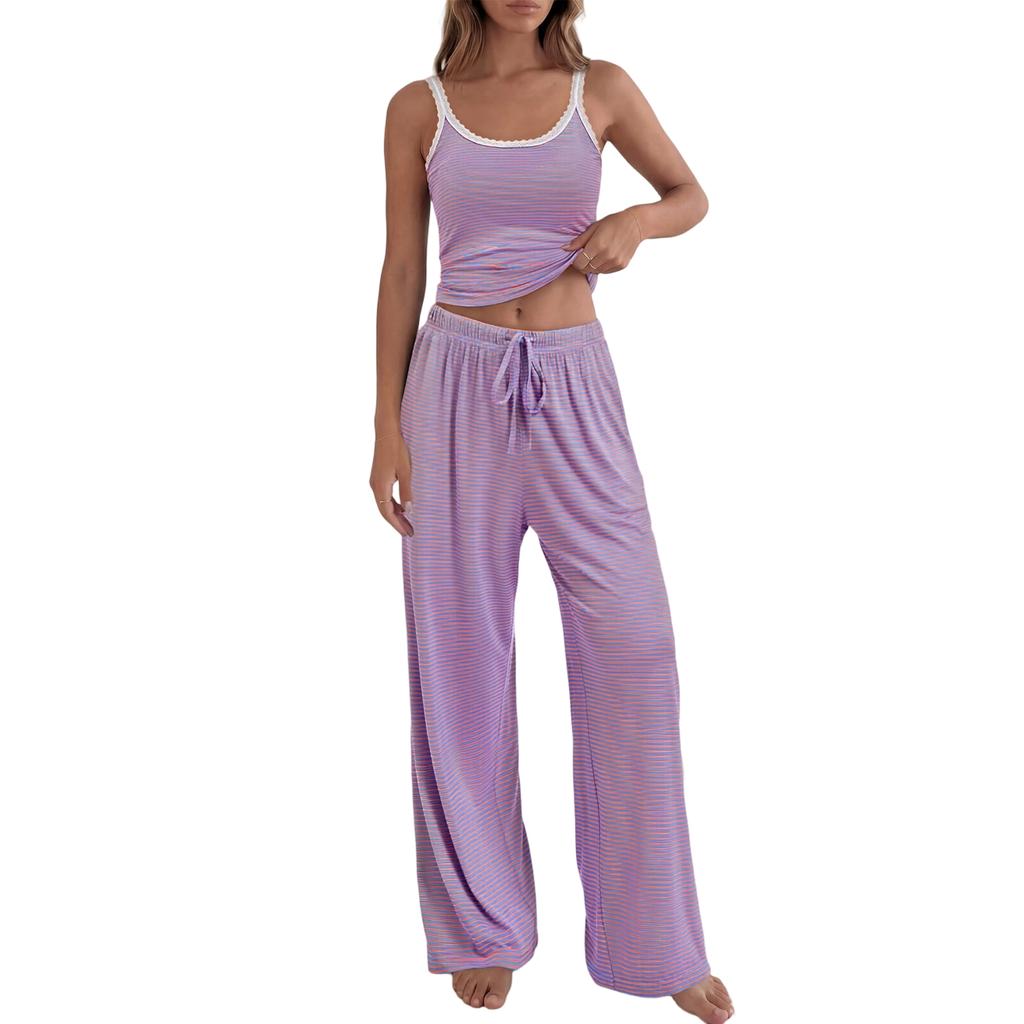 Women Sleeveless Tank Top and Wide Leg Pants Set Casual Lounge Pajama Set with Adjustable Waistband and Relaxed Fit for Home and Sleepwear