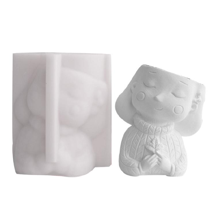 DIY Cute Maple Girl Shaped Silicone Flowerpot Former Ceramics Clay Crafts Mould 1