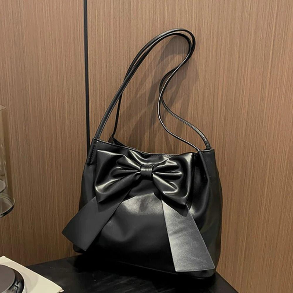 Bucket Bag PU Bow Shoulder Bag Solid Color Fashion Underarm Bag Simple INS Tote Bag  Children