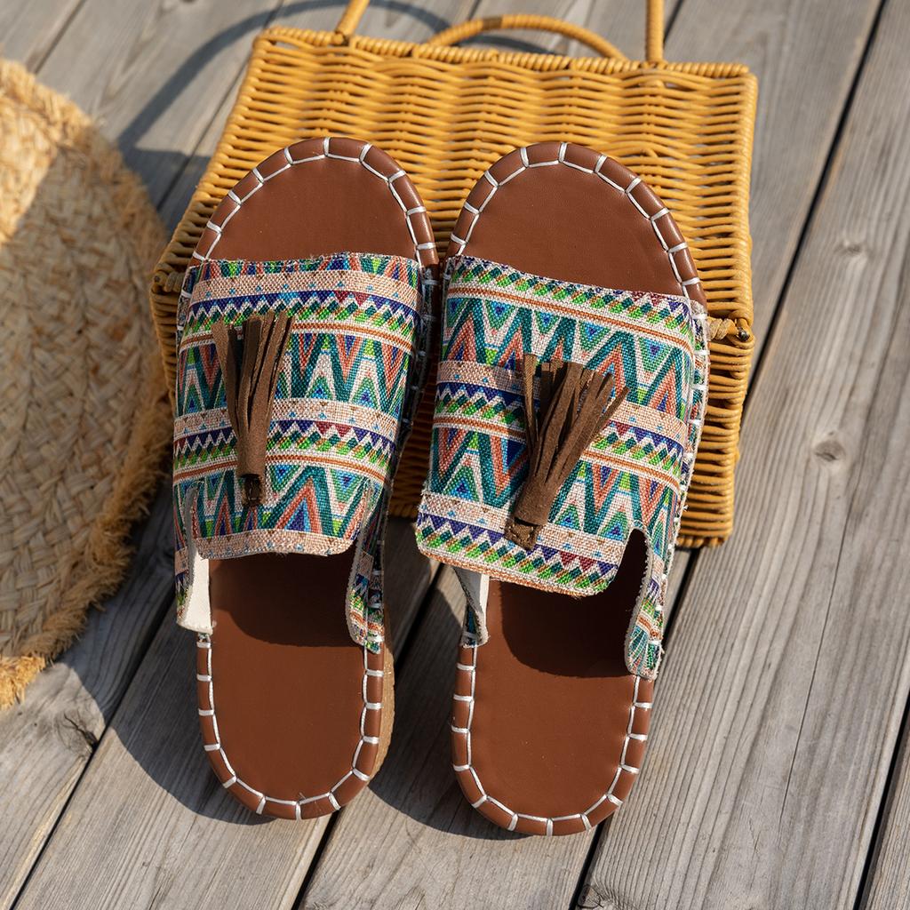 New Women's Fashion Slippers Round Toe Flat Sole Color Spelling Tassel Shoes Outdoor Beach Leisure Plus-size Zapatillas De Mujer