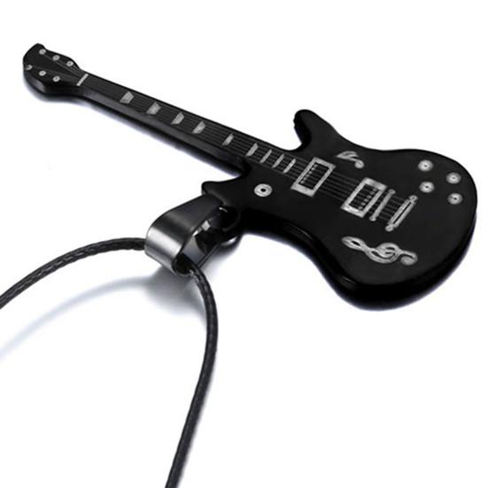 Cool Stylish Guitar Shape Musical Note Pattern Stainless Steel Necklace for Men Festival Gift