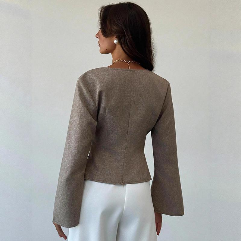 Women's Spring/Fall Elegant Pleating Waist Asymmetric Hem Flare Sleeve V-Neck Pullover Blouse Commuting Back Zip Slim Fit Tops
