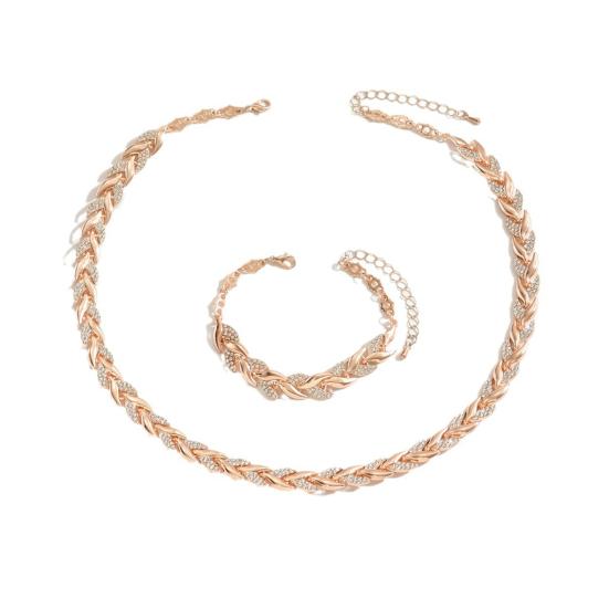2Pcs/Set Women Jewelry Set Leaves Shape Rhinestone Inlaid Adjustable Length Necklace Bracelet Set Party Wedding Decor