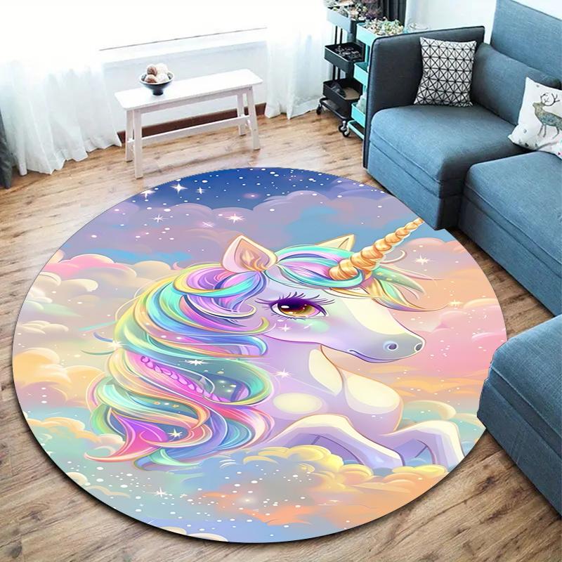1Pc Cute Unicorn Circular Print Rug - Home Decoration Carpet For Living Room Bedroom Flooring Computer Chair Area Rug