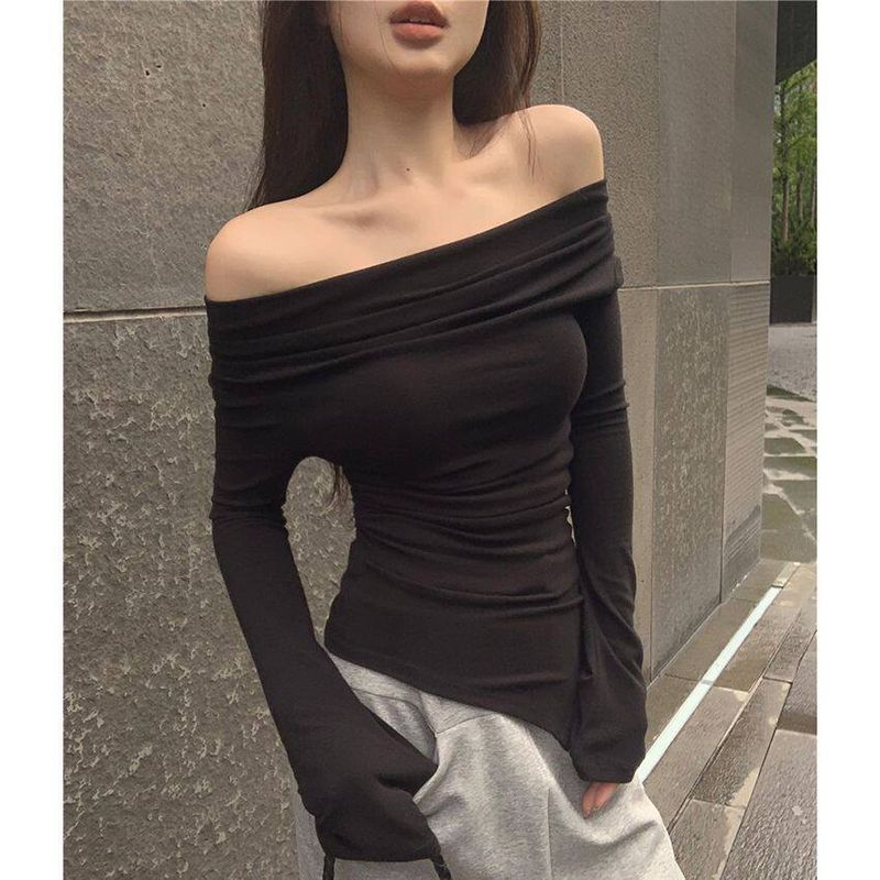 

Cool and Stylish One-Shoulder Top for Women, Autumn and Winter Irregular Off-Shoulder Long-Sleeve T-Shirt, Gray Base Shirt for Layering Black Suggestion 40-45kg