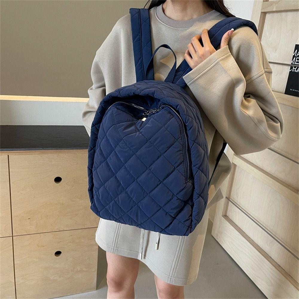 Simple Down Cotton Padded Large Capacity Backpack Lightweight Solid Color Schoolbag Puffy Quilted Shoulder Bags for Students