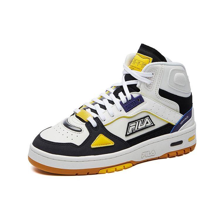 Fila Teratach Synthetic Leather Comfortable Versatile Daily High-Top Retro Basketball Shoes Women Sneaker White Black Yellow F12W111211FBB