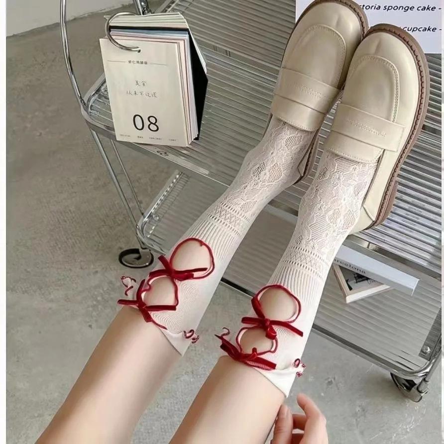 1Pairs Hollow Lace Women Long Stockings Fashionable Versatile Knotted White Lolita Style Comfortable Breathable Casual Socks