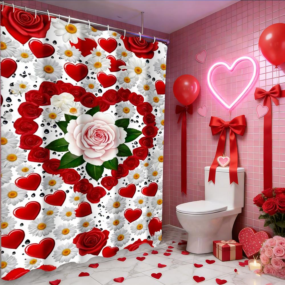 Valentine's Day Love Heart Rose shower curtain, bathroom shower waterproof curtain with 12 hooks, fish shaped home decoration