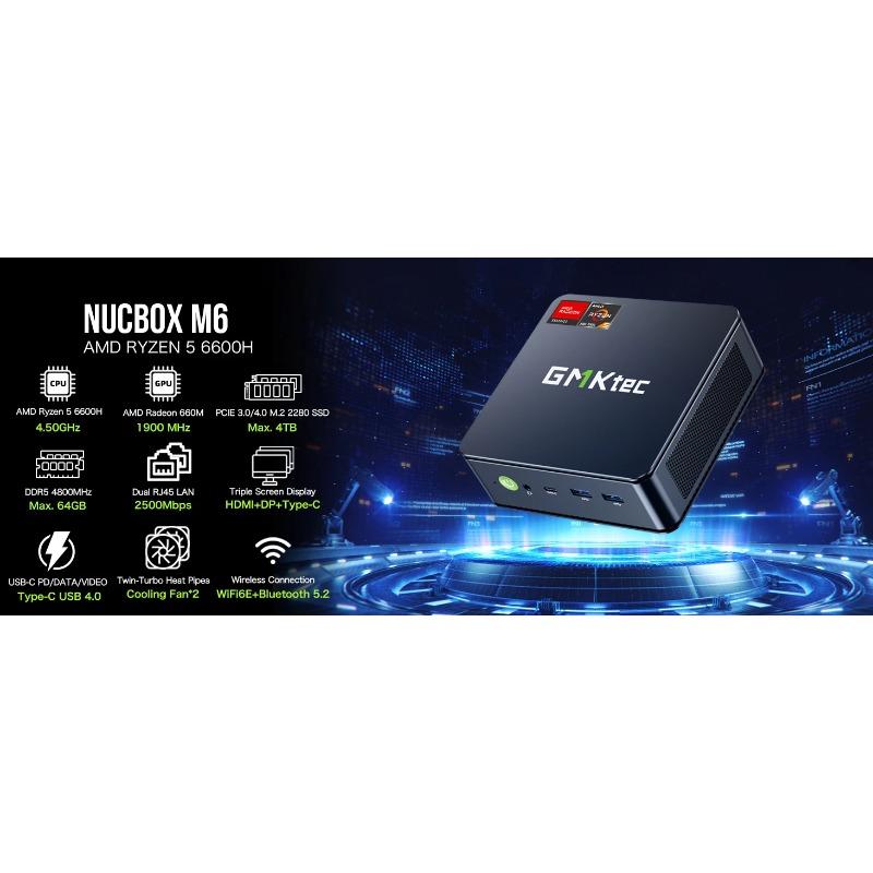 GMKtec M6 Mini PC AMD R5 6600H Počítač 6 jader 12 vláken 16 GB DDR5 512 GB PCIe 3.0 SSD WiFi 6 BT5.2 Mini PC Počítač stolní
