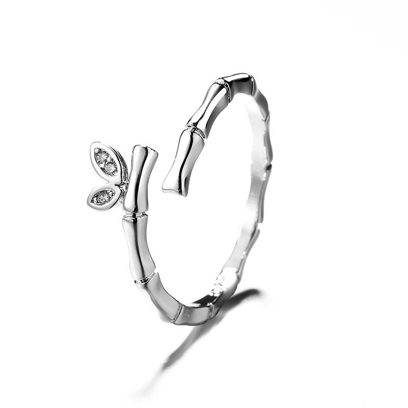925  Silver small leaves micro-insert opening ring simple fashion sweet temperament leaf ornaments