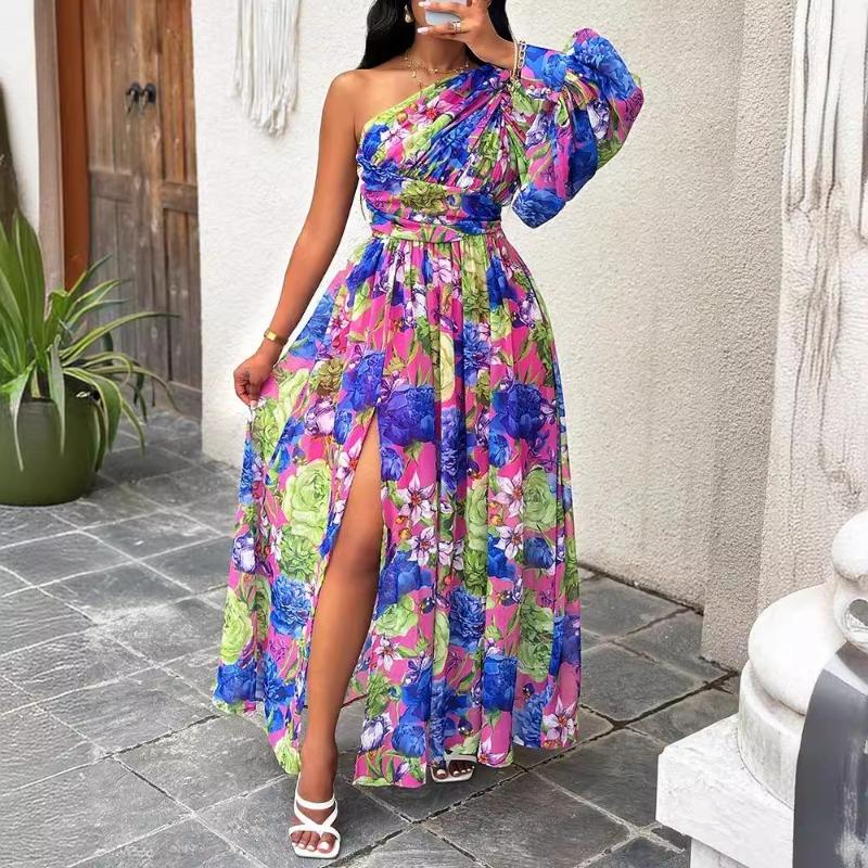 New fashion off-the-shoulder long lantern sleeves, printed dress women's clothing