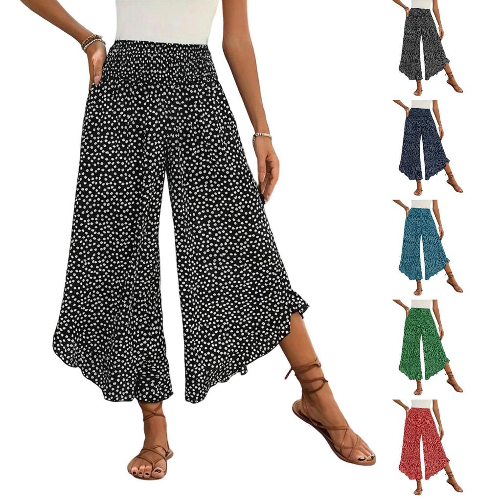 Women Casual Wide Leg Pants High Waist Loose Fit Polka Dot Print Elastic Waistband Palazzo Trousers