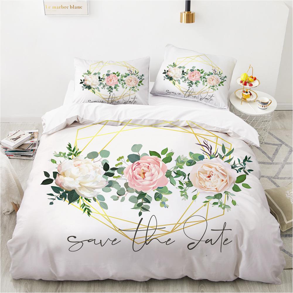 3D White Refreshing Bedding Set, Plant Spring Duvet Cover Pillowcase 2/3pcs, Women and Girls Cover Gift, King Queen Bed  Gift