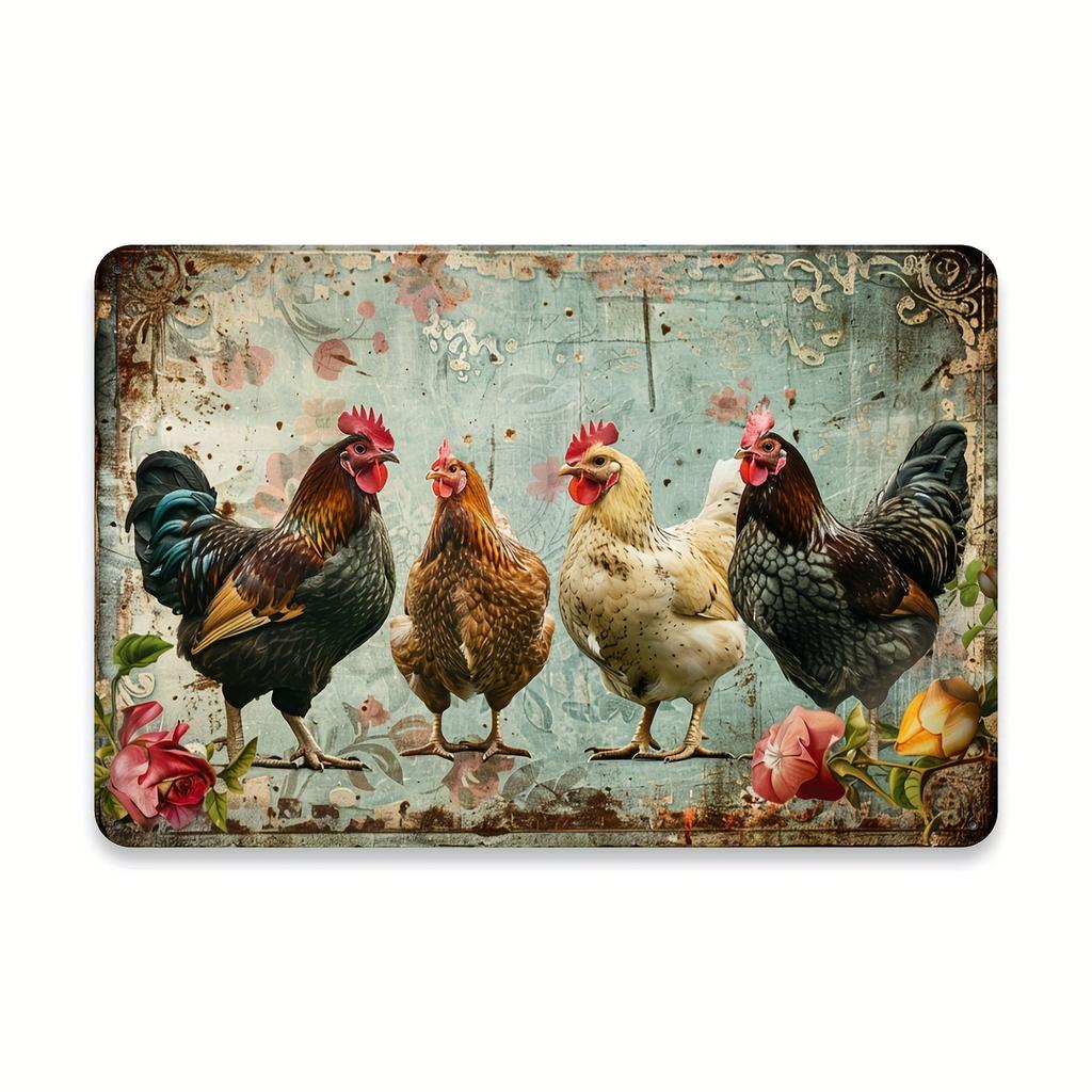 Vintage Chicken Metal Wall Art Sign – Rustic Iron Decor with Colorful Chickens & Floral Design, 30.48x20.32 Cm, Indoor/Outdoor U
