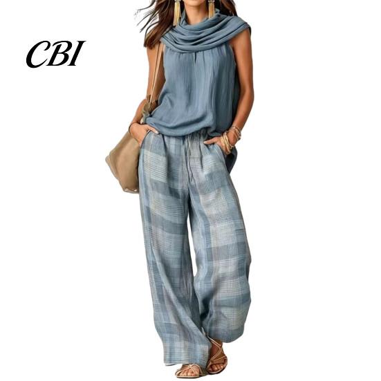 Relaxed Fit Drawstring Pants Women Top 2-Piece Set, Summer Ruffle Mock Neck Sleeveless Lightweight Outfits & Plaid Wide Leg Pants, Vintage Loose