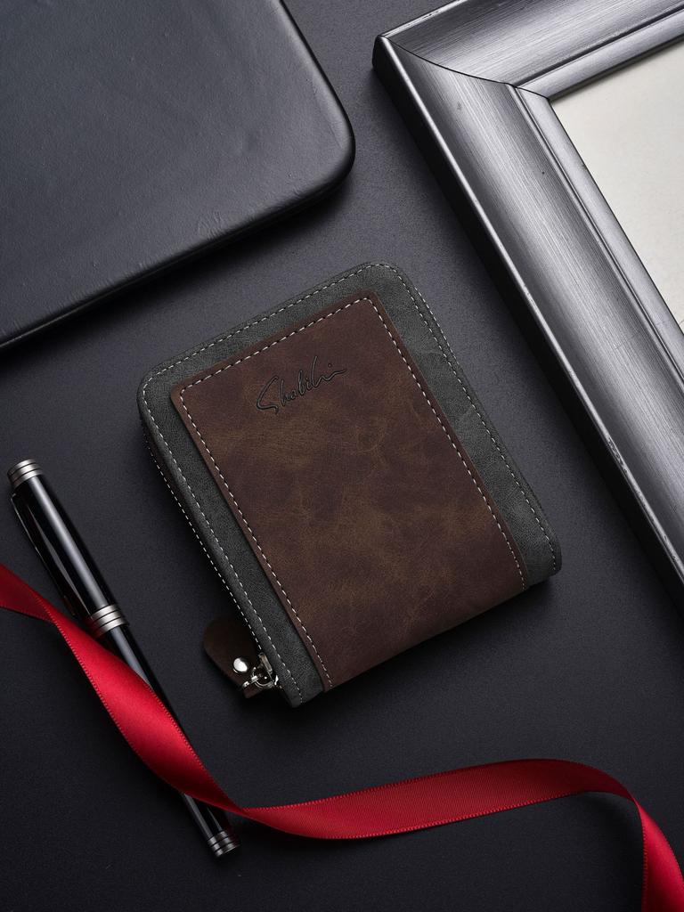 Schoolbag1011 New Men's Wallet, Short Retro Pu Zipper Men's Simple and Fashionable Large-capacity Card Bag Multi-function