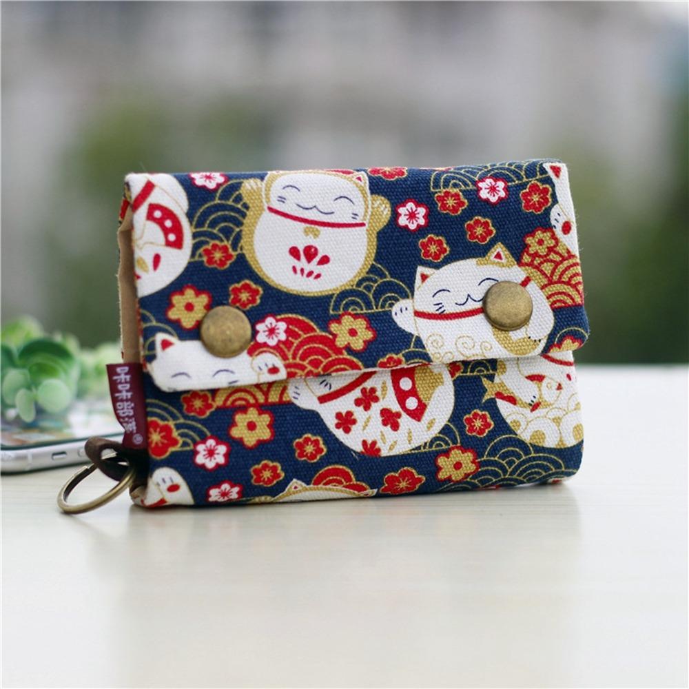 Print Maneki Neko Wallet Portable Zipper Short Wallet Multifunctional Canvas Coin Purse  Women