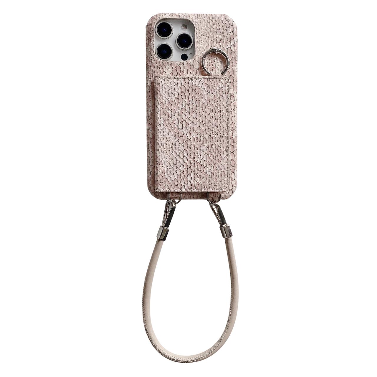 

For iPhone 16 Pro Case Card Holder Mirror Snake Texture PU+PC Back Cover with Lanyard Light Pink