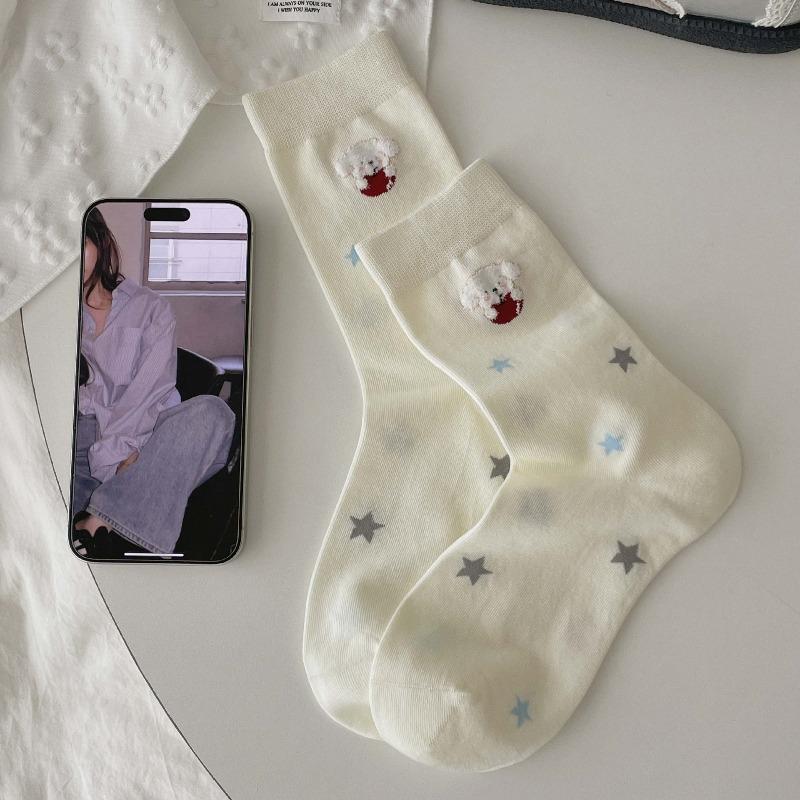 Cute Female Cartoon Plush Puppy Cotton Socks, Breathable and Comfortable Mid-calf Socks, Grey School-style Long Socks