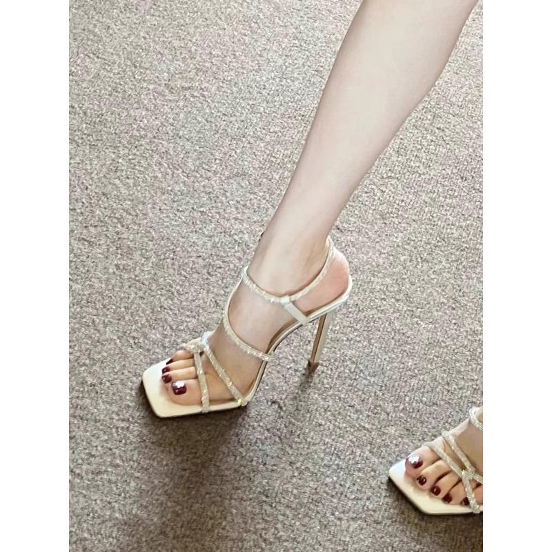 Strap-on high heels women's summer new white rhinestone word strap summer stiletto sandals