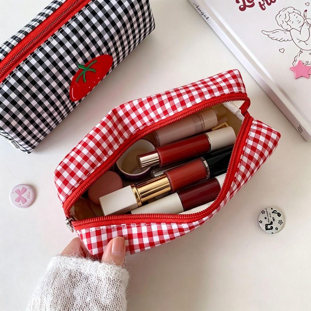 Tomato Gingham Makeup Bag Canvas Cosmetic Bag Cartoon Pencil Case  Students