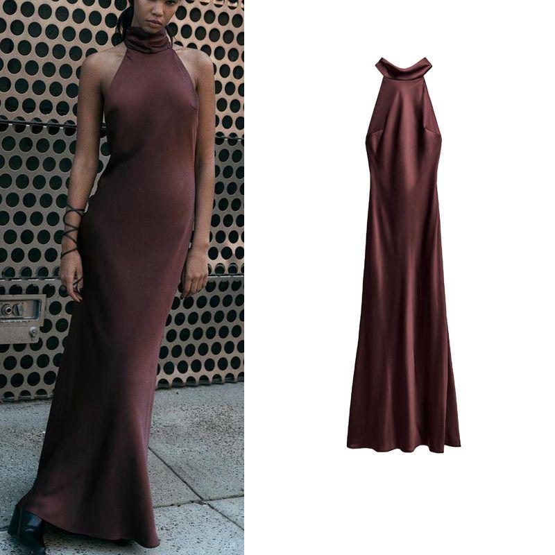 Spring New Arrival Women's Sleeveless A- line Dress Halterneck Silk Satin Texture Half Turtleneck Dress 8739331