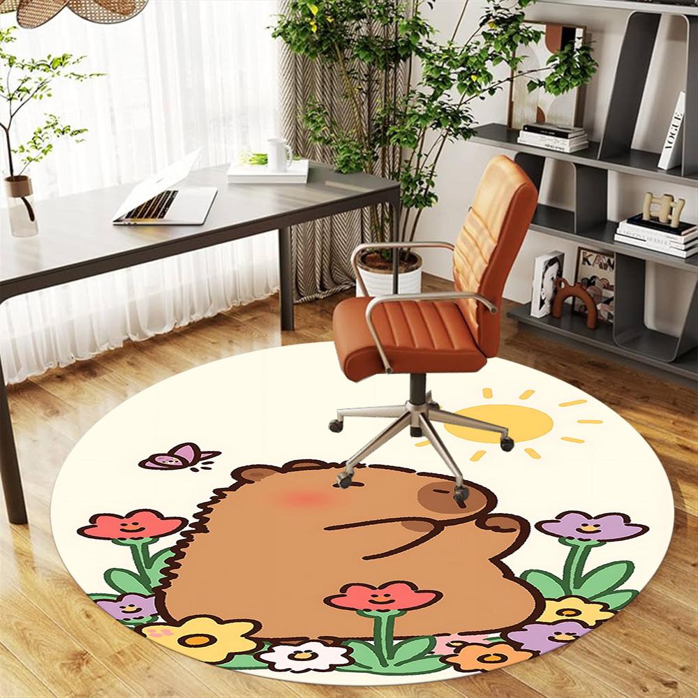 1pc Bear Flowers Round Chair mat office Area Rug - Non-Slip, Floor Mat for Office, Bedroom, and Indoor Decor p127157
