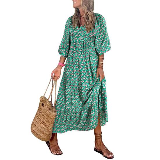 Lady Fall Dress Bubble Sleeves V Neck Printing A-line Loose Ankle Length Patchwork Bohemian Beach Maxi