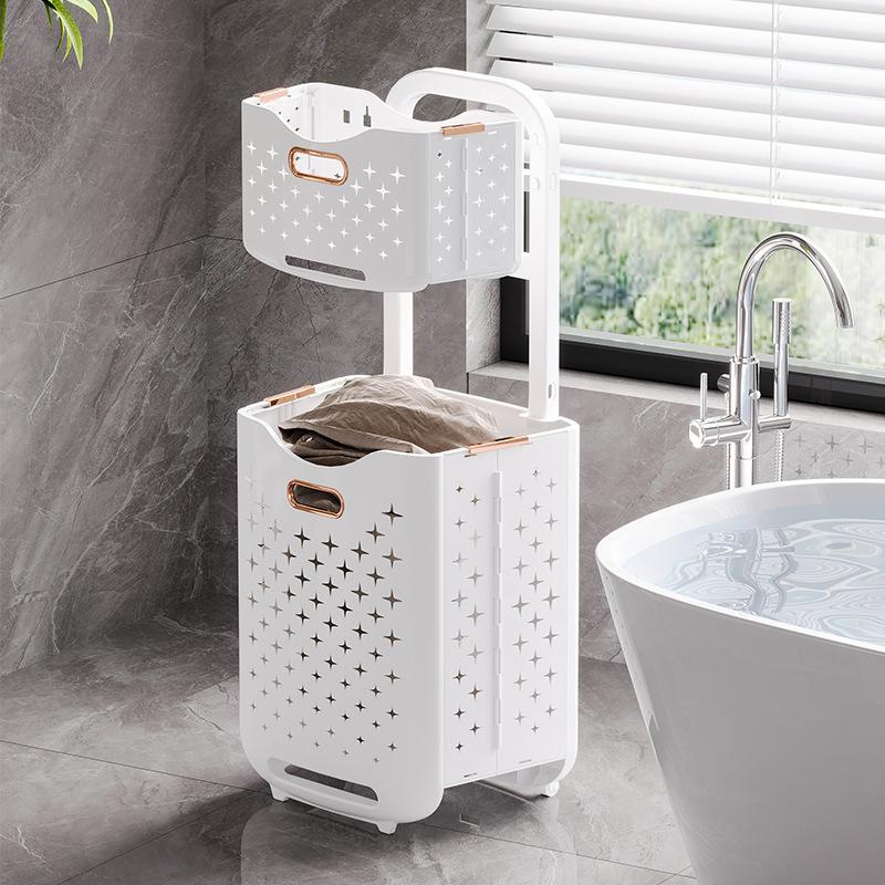 Coș de depozitare haine murdare Coș de rufe pliabil din plastic Coș de rufe acasă Organizator pentru produse de baie Toaletă cu mai multe straturi Coș de rufe Roți