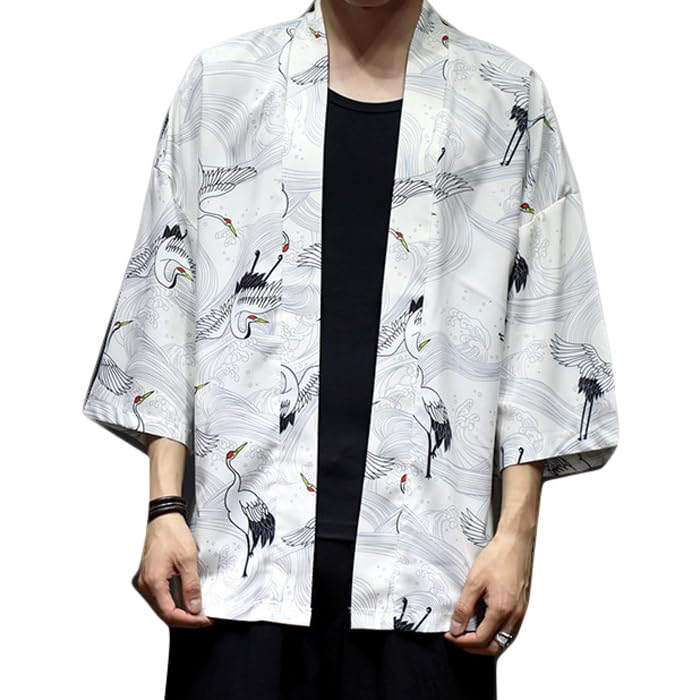 RomelCheo Crane Pattern Haori Loose Japanese Cool Jacket for Summer and Fashionable for Men and Harajuku Street RomelCheo Cardigan, Fit, 3/4 Sleeves,
