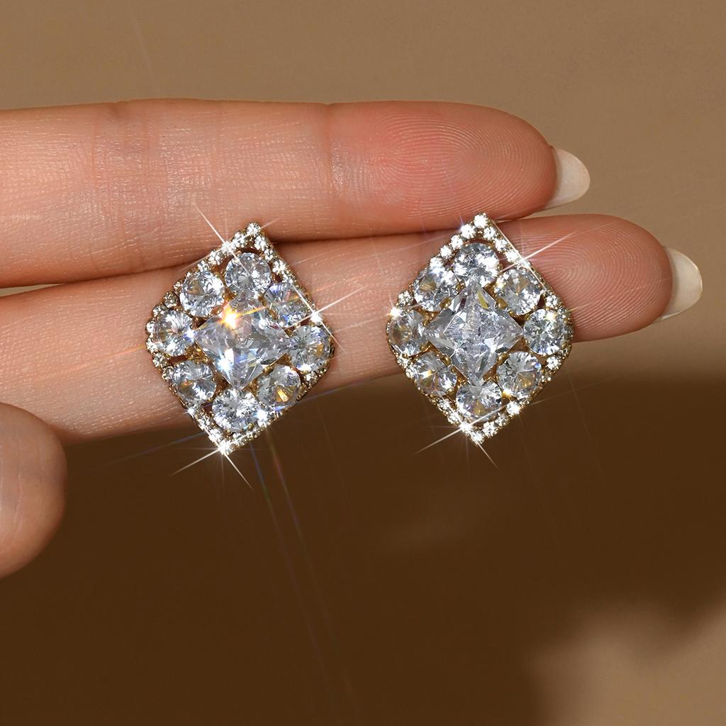 Fashionable Diamond Shaped Design Earrings with a Light Luxury Style and High-end Feel for Women