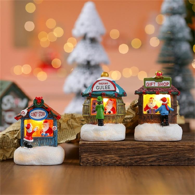 LED Light Up Christmas Ornament Resin House Shape Figurine Desktop Decoration Miniature Cottage Statue for Office