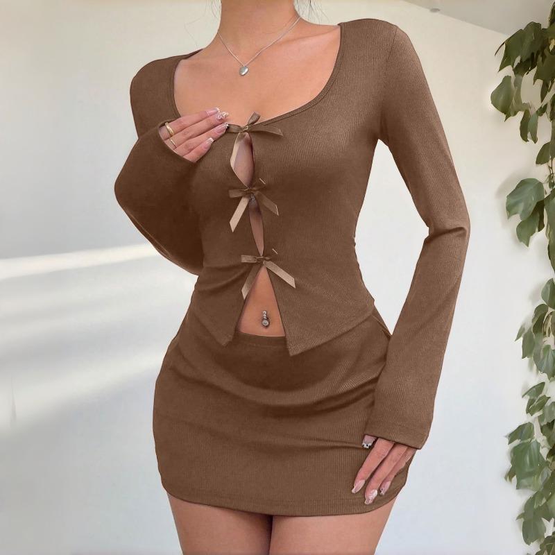 Sexy Velvet Bow-Tied Outfit Fashionable Long-Sleeve Mini-Skirt Loungewear Set
