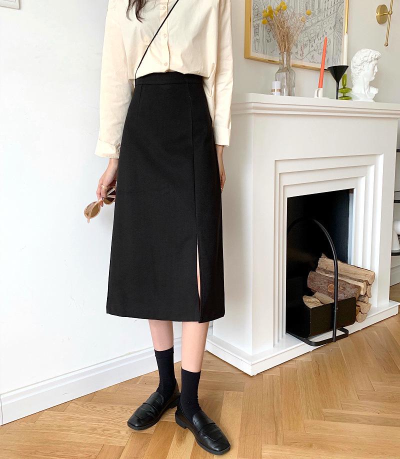 

Однотонная миди-юбка с высокой талией - Женская 2023 A-силуэта облегающая с разрезом для осени/зимы XS чёрный