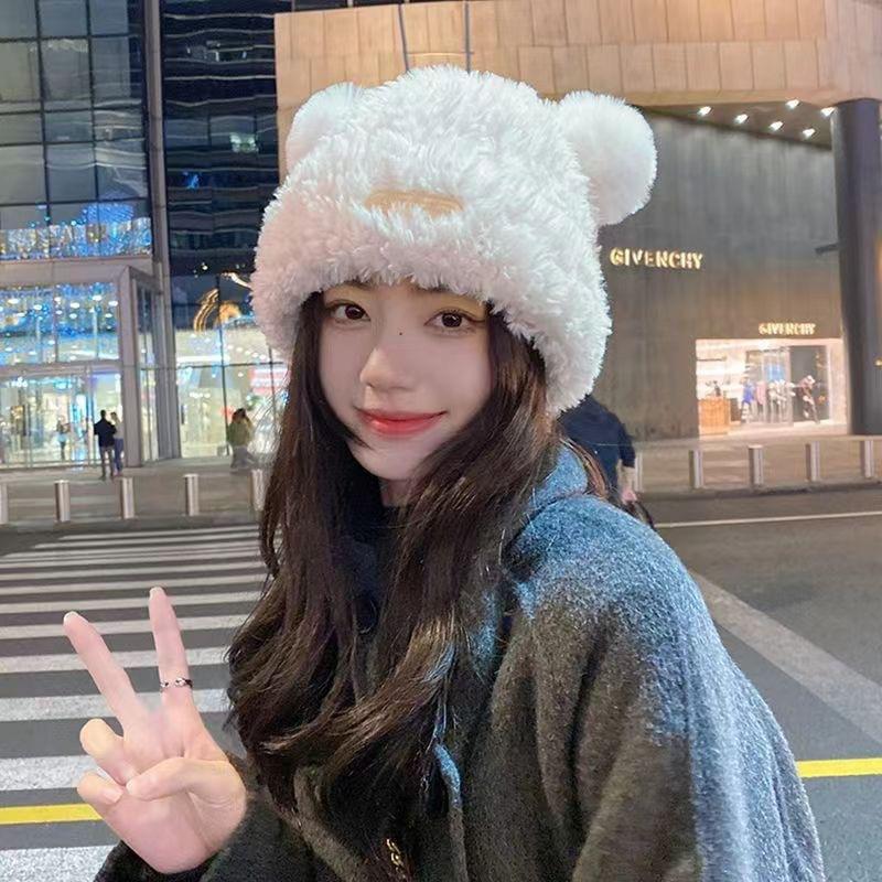 New trendy plush hat, winter adult warm hat, Korean-style patterned outdoor plush warm hat for women