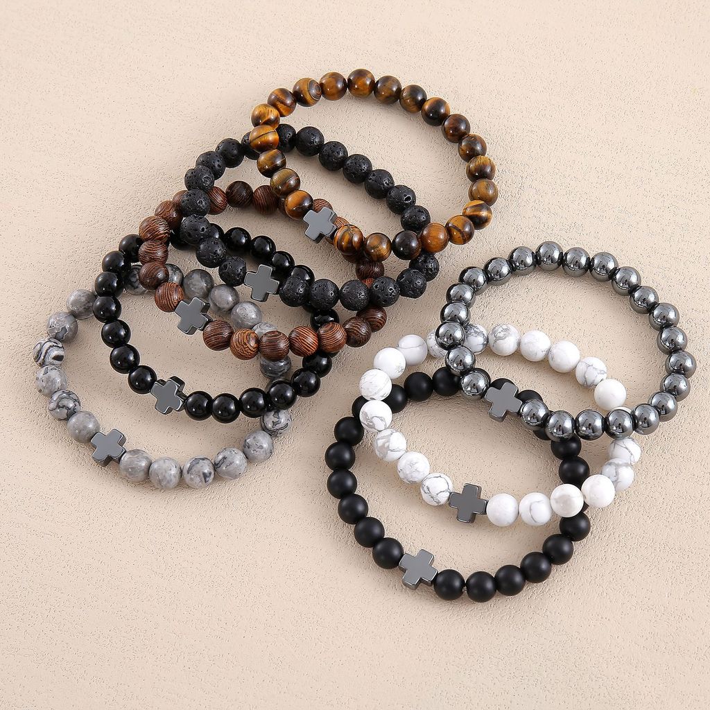 Natural Stone Beaded Bracelet With Cross Geometric Design For Men And Women