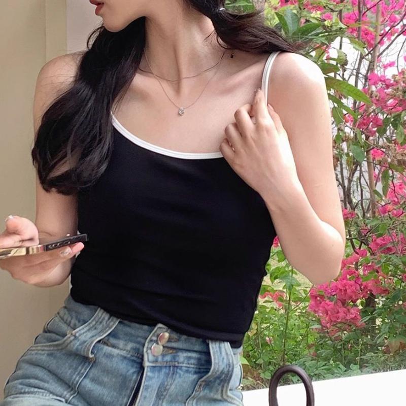 Sweet Girl Contrast Color Camisole Vest For Women Integrated With Chest Pad Slim Fit Classic Versatile Design Inner And Outer Wear Top