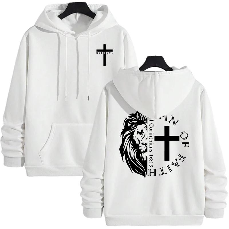 Jesus Christ Style Hoodies 2025 Fall Winter New Arrival Hooded Long Sleeve Sweatshirts Man Off Faith Lion Print Hoody Outerwear