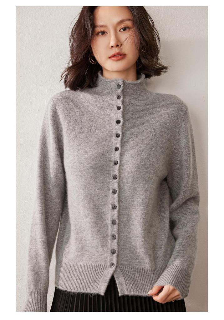 Women's Luxury Cashmere Knit Cardigan - Solid Color, Half-High Neck, Single-Breasted, Loose, Slimming, Versatile Sweater Coat