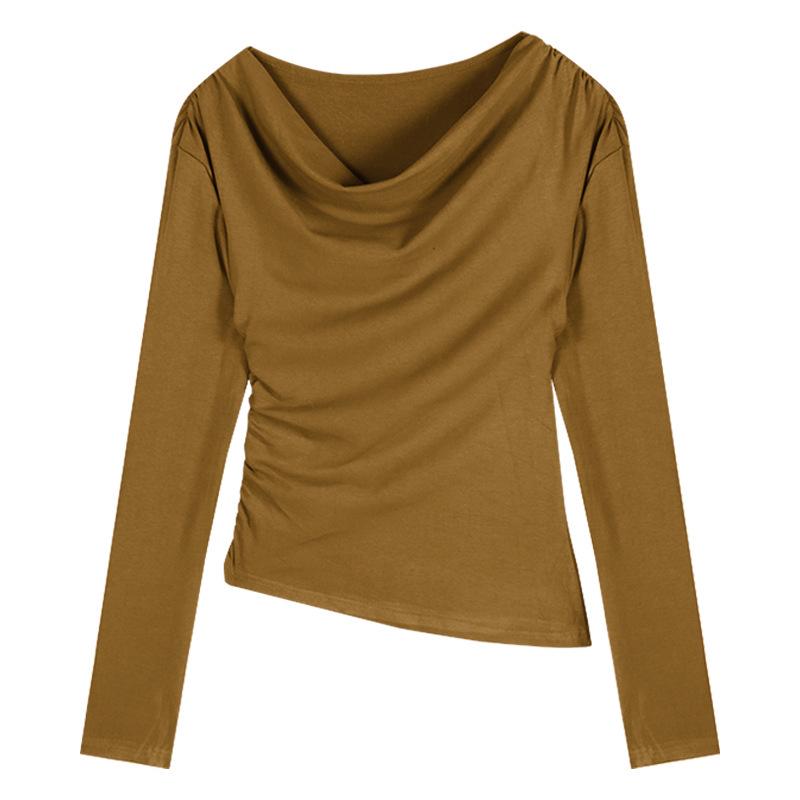 Retro Pleated Off-Shoulder Long-Sleeve T-Shirt - Women s Slim Fit, Trendy Autumn Top Small