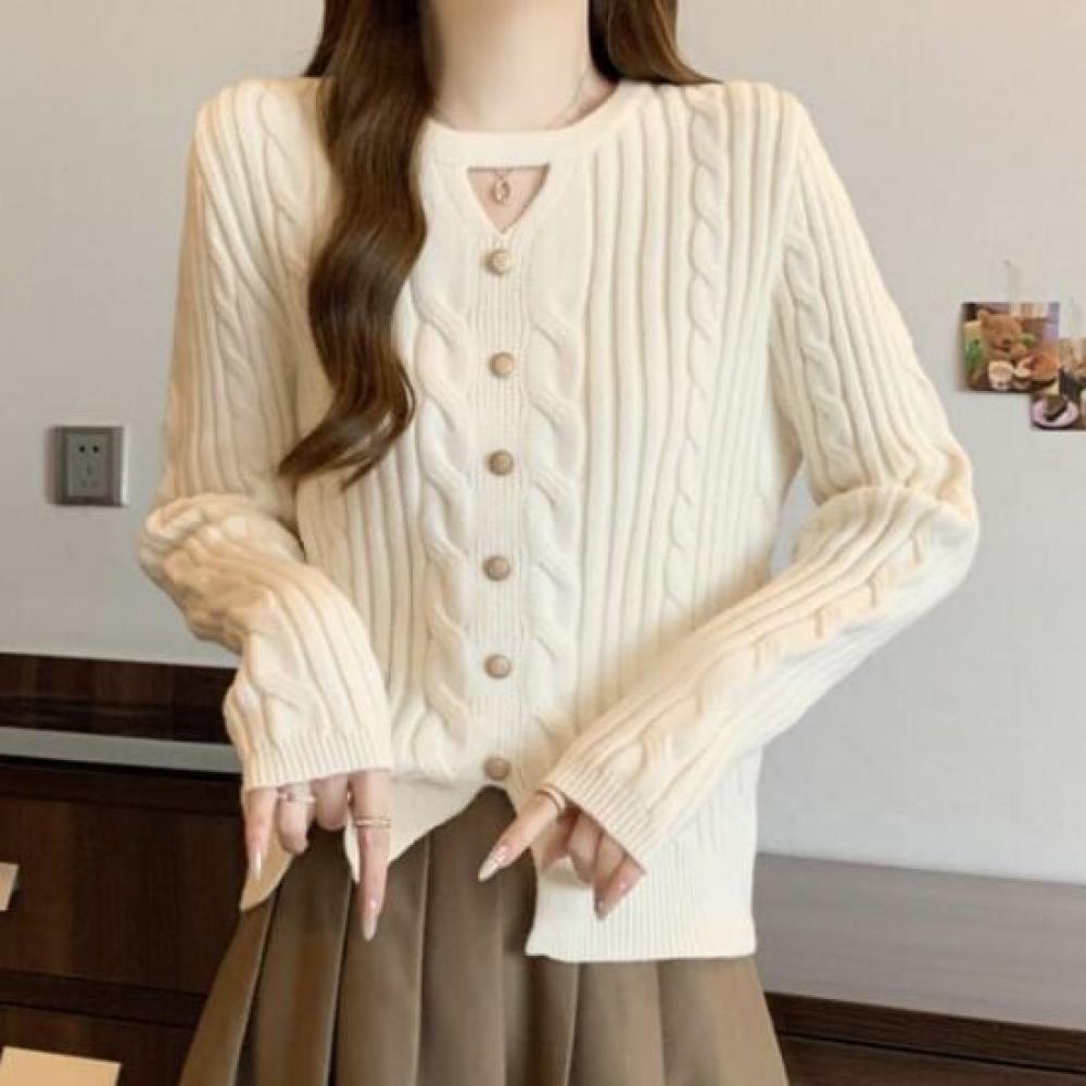 Navava Vintage Cable Knit Round Neck Long Sleeve