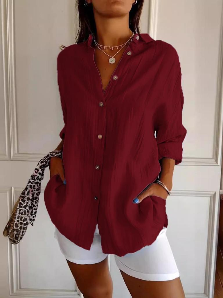 2024 Women's Solid Color Pleated Lapel Shirt - European & American Style, Single-Breasted Roll-Up Sleeve Top