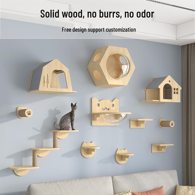 Wall-Mounted Solid Wood Cat Tree with Scratching Board and Jumping Platform