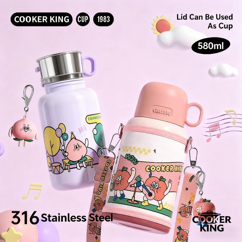 COOKER KING Termosmugg 316 rostfritt stål med sugrör, barnvattenmugg, dubbelock, stor mage-mugg, drickmugg, 580 ml